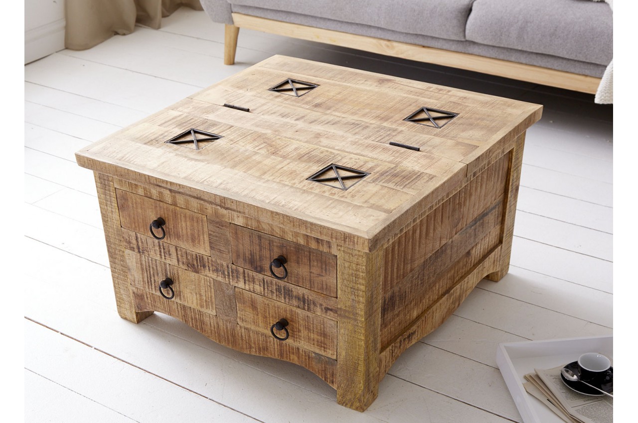 Table basse carrée bois massif avec coffre de rangement - Cbc-Meubles