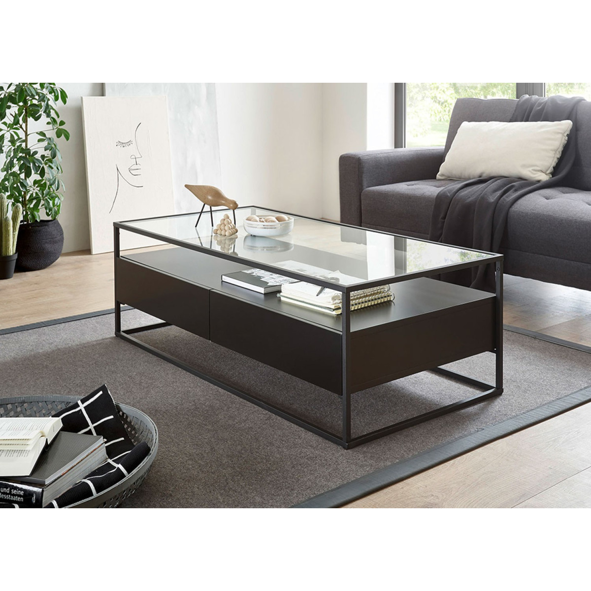 Table basse design Sunac D90cm Verre Transparent et Chêne clair