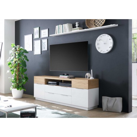 Meuble TV haut blanc laqué blanc mat et chêne 182 cm - Cbc-Meubles