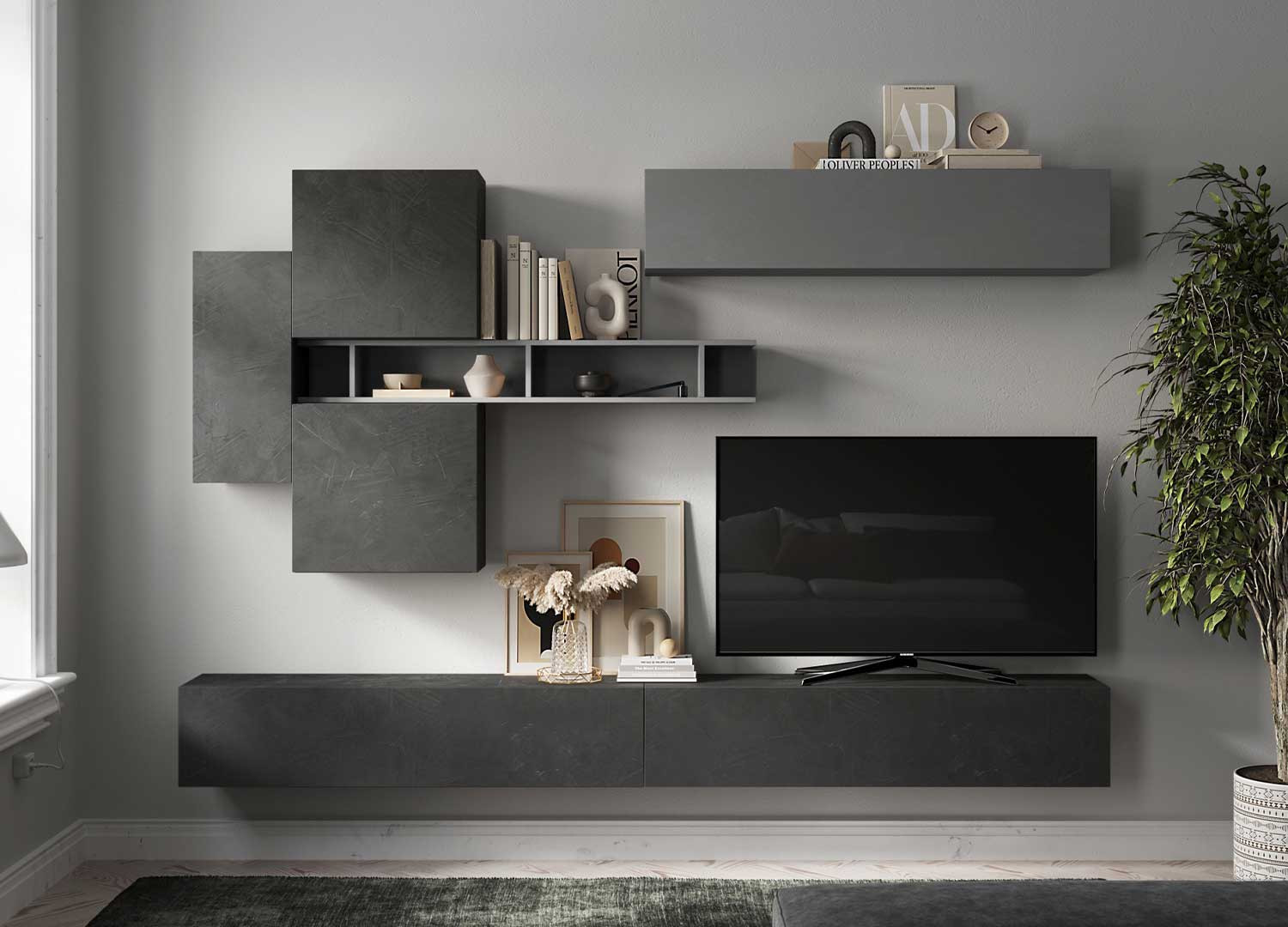 Meuble TV design mural gris et bois avec éclairage Led pour salon