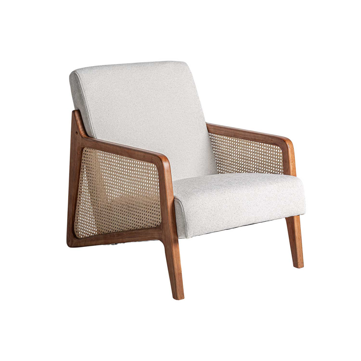 Fauteuil rotin et tissu beige structure bois d'hévéa Berit