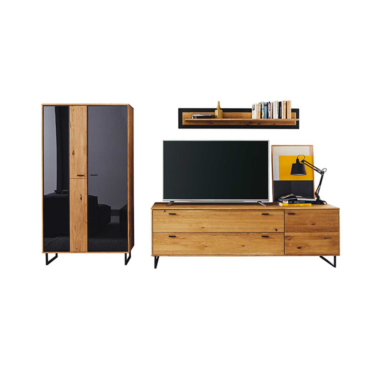 Meuble tv avec vitrine et étagère chêne massif 319 cm AREZZO