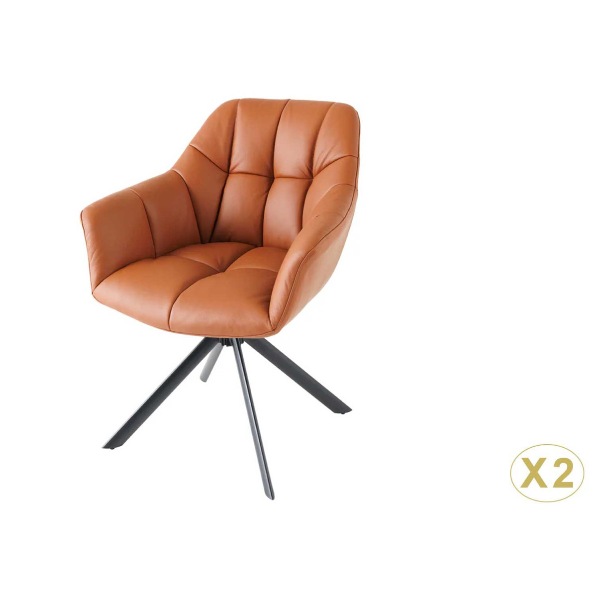 Lot de 2 chaises accoudoirs pivotantes en cuir cognac Hudson