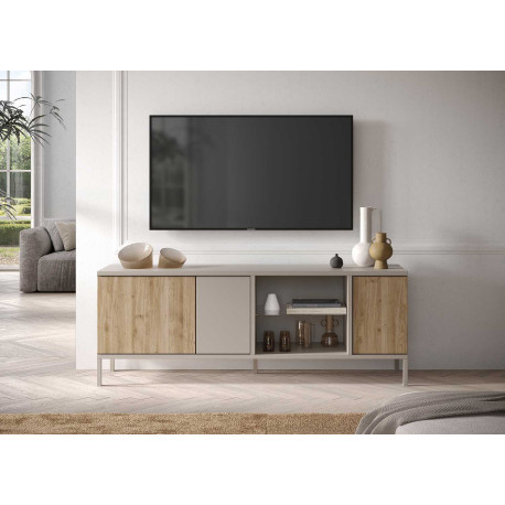 Meuble TV design 3 portes 160 cm chêne cadiz et cashmere Enora