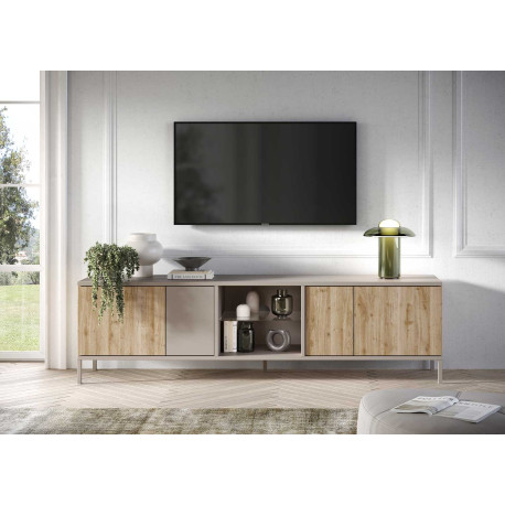 Meuble TV moderne 4 portes 2m10 chêne cadiz et cashmere Enora