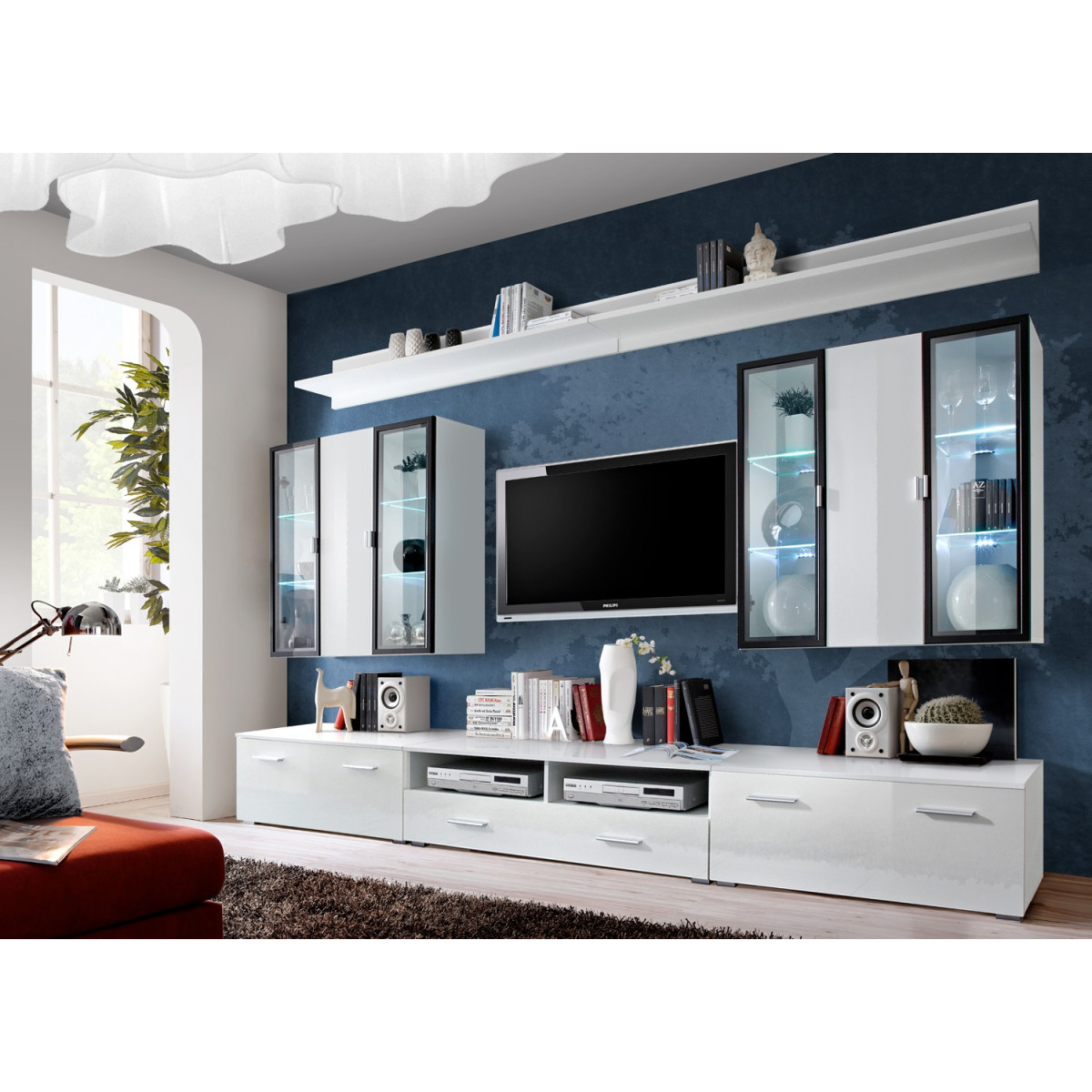 Meuble tv suspendu noir et gris avec cheminée électrique décorative -  Cbc-Meubles