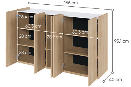 Dimensions détaillées du buffet 5 portes