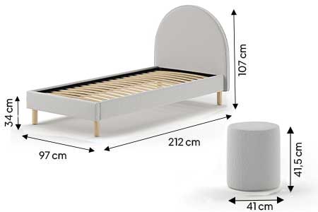 Dimensions détaillées du lit enfant tissu bouclé gris