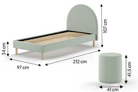 Dimensions détaillées du lit enfant tissu bouclé vert